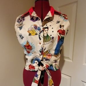 Rockabilly Frida Kahlo Tie-front Crop Top